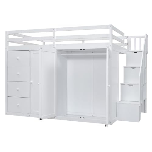 Ball & Cast Full Size Loft Bed with Storage Staircase & Safety Guardrail,Sturdy Wood Bedframe W/ 3 Cabinets & 4 Drawers,Built-in Wardrobes,Space Saving,for Boy Girl Kids Small Bedroom Dormitory,White Ball & Cast