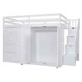 Ball & Cast Full Size Loft Bed with Storage Staircase & Safety Guardrail,Sturdy Wood Bedframe W/ 3 Cabinets & 4 Drawers,Built-in Wardrobes,Space Saving,for Boy Girl Kids Small Bedroom Dormitory,White Ball & Cast