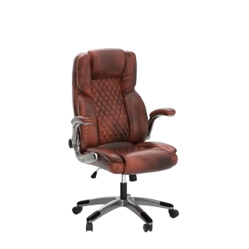 REFICCER Brown Leather Office Chair with Flip up Arms, High Back Ergonomic Executive Office Chairs with Wheels, 90-120° Rocking Office Desk Chair with Lumbar Support, Swivel Task Chairs REFICCER