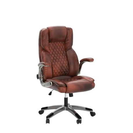 REFICCER Brown Leather Office Chair with Flip up Arms, High Back Ergonomic Executive Office Chairs with Wheels, 90-120° Rocking Office Desk Chair with Lumbar Support, Swivel Task Chairs REFICCER