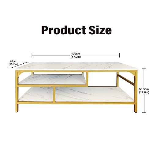 AT-VALY 3-Tier Stand for TV Media Console Table with Open Shelving Storage for Living Room Bedroom (Gold Frame with White Faux Marble top PB Board) AT-VALY