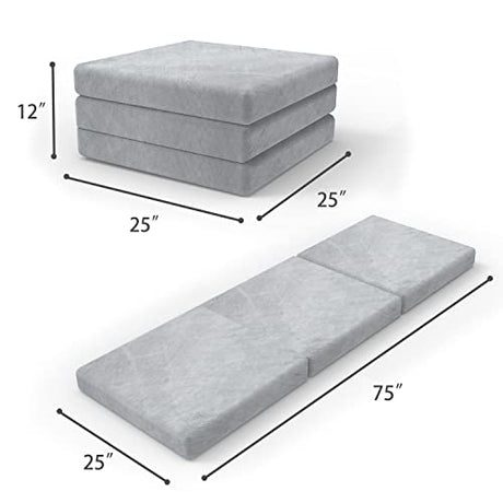 SINWEEK Tri Folding Mattress Foam Topper 4" Thickness Floor Cot Mattress, Guset Bed with Removable&Machine Washable Cover and Lining, CertiPUR-US Certified 25 x 75 Inch SINWEEK