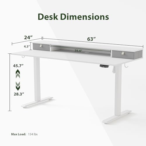 Agilestic 63 x 24 Inches Electric Standing Desk with 2 Storage Drawers, Stand Up Desk Adjustable Height, Sit and Stand Computer Table with Splice Board, White Agilestic