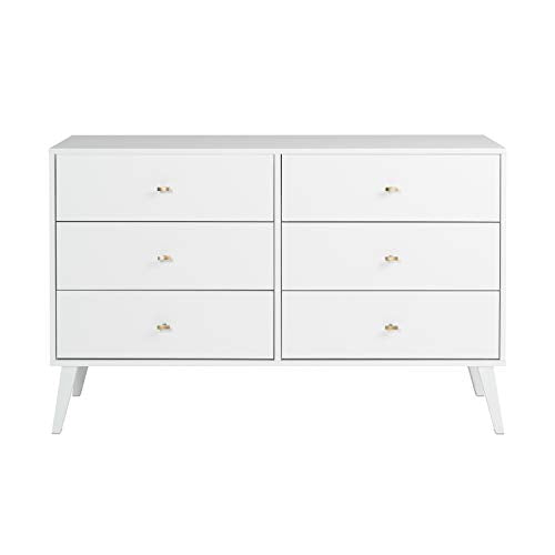 Prepac Milo Mid-Century 6 Drawer Double Dresser For Bedroom, 16" D x 52.50" W x 33" H, White - WoodArtSupply