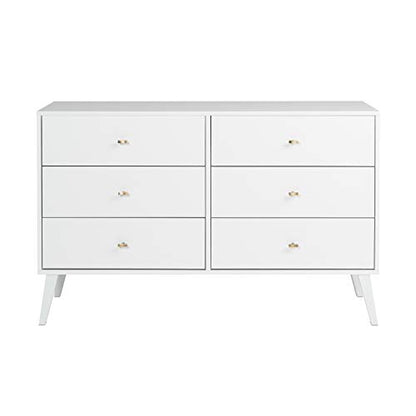 Prepac Milo Mid-Century 6 Drawer Double Dresser For Bedroom, 16" D x 52.50" W x 33" H, White - WoodArtSupply