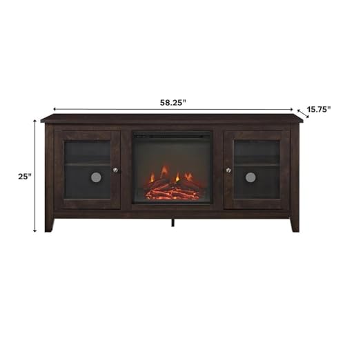 Walker Edison Rustic Wood and Glass Fireplace TV Stand for TV's up to 64" Flat Screen Living Room Storage Cabinet Doors and Shelves Entertainment Center, 58 Inch, Espresso Brown