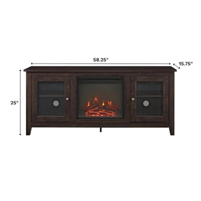 Walker Edison Rustic Wood and Glass Fireplace TV Stand for TV's up to 64" Flat Screen Living Room Storage Cabinet Doors and Shelves Entertainment Center, 58 Inch, Espresso Brown