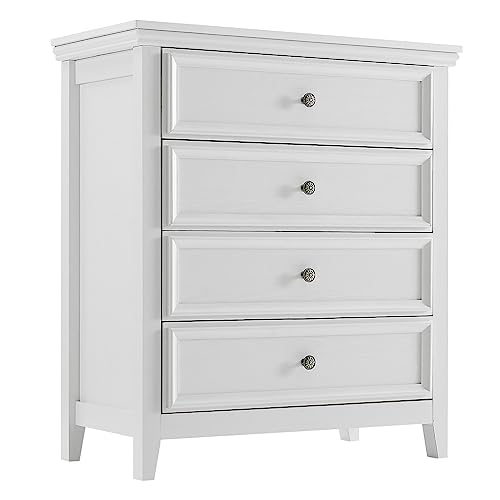 BOSHIRO White Dresser for Bedroom, 4 Chest of Drawers, Wooden Dressers Tall Nightstand with Drawer, Farmhouse Cabinet for Bedroom, Living Room,Hallway BOSHIRO