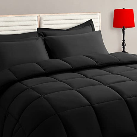 TAIMIT King Size Comforter Set - 7 Pieces, Bed in a Bag Bedding Sets with All Season Soft Quilted Warm Fluffy Reversible Comforter,Flat Sheet,Fitted Sheet,2 Pillow Shams,2 Pillowcases,Black TAIMIT