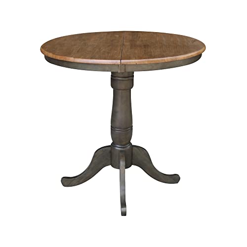 IC International Concepts 36" Round Top Pedestal 12" Leaf-35.3" H-Counter Height Dining Table, Hickory/Washed Coal IC International Concepts