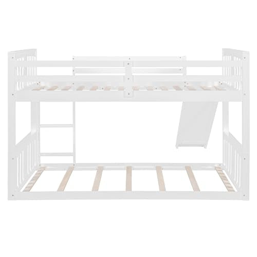 Ball & Cast Bunk Bed Twin Over Twin Beds,with Slide and Ladder,Wood Low Floor Bedframe w/Full-Length Guardrail & Space Saving,No Box Spring Needed,Bedroom Furniture for Student Dorms,White Ball & Cast