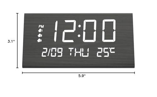 JALL Digital Alarm Clock, with Wooden Electronic LED Time Display, 3 Alarm Settings, Weekday/Weekend Mode, Temperature Detect, Wood Made Electric Clocks for Office, Bedroom, Bedside (Black) JALL