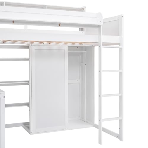 Twin Size Loft Bed with Wardrobe, Desk, and Storage by Harper & Bright Designs in White Finish - WoodArtSupply