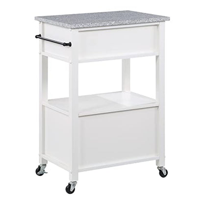 OSP Home Furnishings Fairfax Kitchen Cart with Granite Work Top and Extra Storage Drawer and Cabinet, White