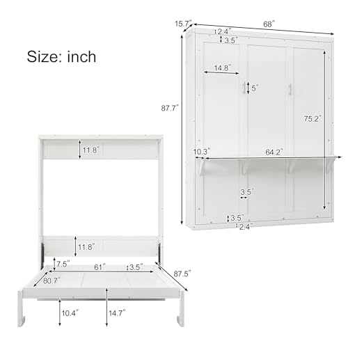 Ball & Cast Murphy Bed Queen Szie Multi-Function 68-inch Cabinet with Desk Combo,No Spring Box Required,Folding Wall Hideaway Bed Frame w/Slat Support,for Guest Room,Study, Office,White Ball & Cast