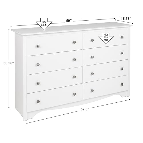 Prepac Monterey 8 Drawer Double Dresser for Bedroom, Wide Chest of Drawers, Bedroom Furniture, Clothes Storage and Organizer, 15.75" D x 59" W x 36.25" H, White, WDC-6338 Prepac