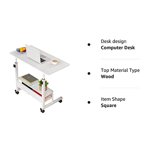 Adjustable Table Student Computer Portable Home Office Furniture Small Spaces Sofa Bedroom Bedside Desk Learn Play Game Desk on Wheels Movable with Storage Desk Size 31.5 * 15.7 Inch,White D