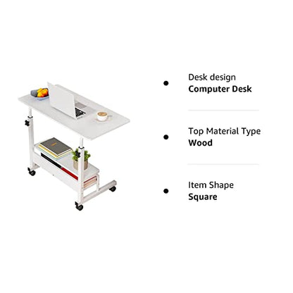 Adjustable Table Student Computer Portable Home Office Furniture Small Spaces Sofa Bedroom Bedside Desk Learn Play Game Desk on Wheels Movable with Storage Desk Size 31.5 * 15.7 Inch,White D