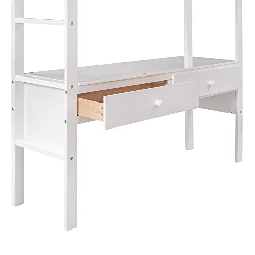 BOVZA White Full Size Loft Bed with Built-in Desk, Drawers, and Storage Shelves