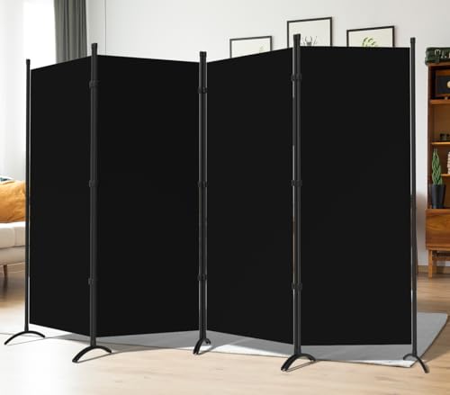 Room Dividers Folding Privacy Screens 4 Panel Partition Screen Steel Frame& Frabic Office Partition for Home Office Dorm Decor Black Grezone