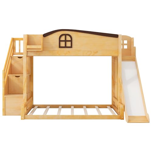 KLMM Twin Over Full Bunk Bed with Storage Staircase, Shelf and Slide,for Kids Teen Boys Girls Bedroom Use (Natural+Espresso-Slide, Twin Over Full) KLMM