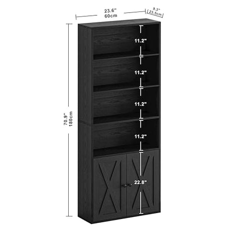 Industrial Vintage Black 6-Tier Bookcase with Doors - 70" Tall Shelves for Home Office & Living Room by IRONCK IRONCK