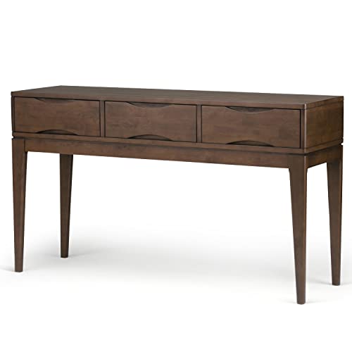 SIMPLIHOME Harper SOLID WOOD 54 inch Wide Mid Century Modern Console Sofa Entryway Table in Walnut Brown with Storage, 3 Drawers , for the Living Room, Entryway and Bedroom - WoodArtSupply