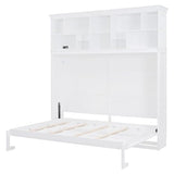 Merax Modern Farmhouse Solid Wood Murphy Cabinet Bed with Top Shelves & USB Charging, Tall Wall Platform Bed No Box Spring Needed/Easy Assemble Queen,White Merax