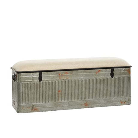 Deco 79 Metal Room Storage Bench Galvanized Entryway Bench with Cream Burlap Top, Bench 50" x 16" x 18", Gray Deco 79