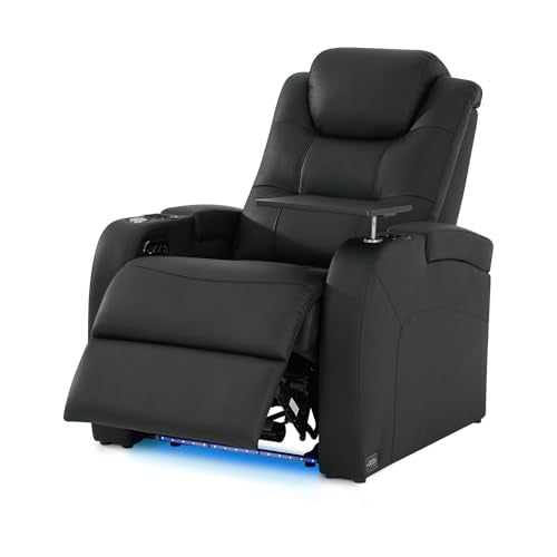 comfiroom Home Theater Seating Simple Style Top Grain Nappa Leather Recliners Chair Dual Power Movie Gaming Sofa Chair Electric Headrest with Tray Table Type-C USB Charger (Black, Row of 1)