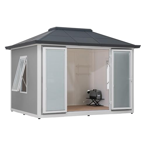 Sunjoy Office Shed for Outdoor, Tiny House 10'x12.6' She Shed, Backyard Office, Multipurpose Outdoor Room, Home Gym with Floor, 2 Windows and Lockable Doors