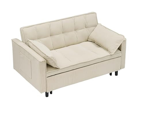 SRJunidexor 3-in-1 Convertible Sofa Bed, Velvet Sleeper Sofa with Pull-Out Bed, 54" Futon Couch with Reclining Backrest and Side Pocket, Modern Loveseat for Living Room (Beige) SRJunidexor