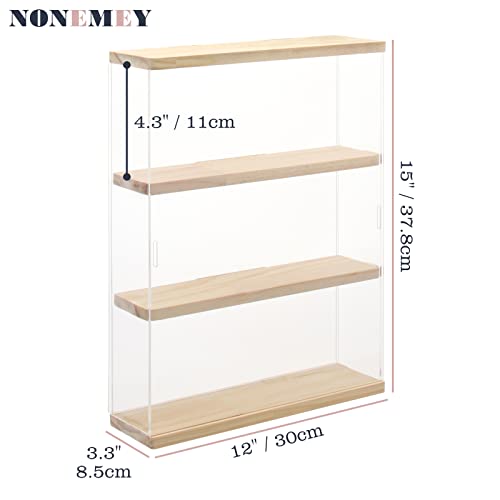 NONEMEY Clear Acrylic Display Case Stand with Wood Base 2 Tier、3 Tier、12/24 Compartments Storage Box Wall Mount Showcase Dustproof Organizer Box for NONEMEY