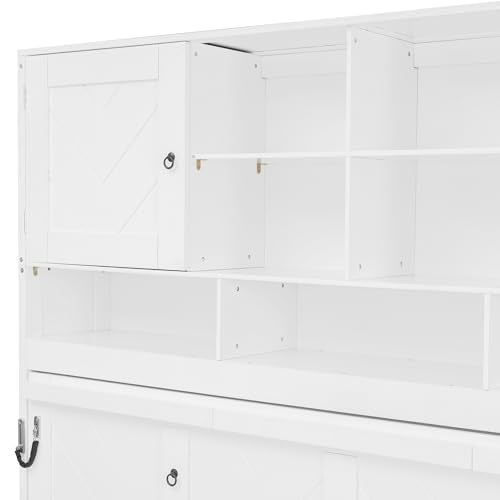 SOFTSEA Queen Size Horizontal Murphy Bed with Shelves, Foldable Wall Bed with Top Cabinets, Space-Saving Hidden Murphy Bed Frame for Guest Room, Bedroom, Office, White SOFTSEA