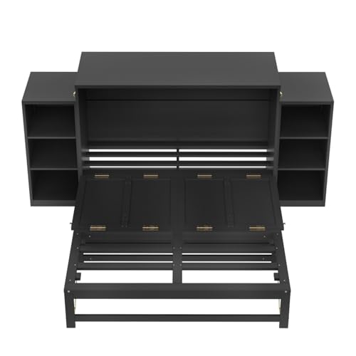 DNChuan Full Size Murphy Cabinet Bed with Spacious Storage Drawer, Foldable Murphy Cabinet Bed Frame with Storage Shelves, Space Saving, No Noise, Kids, Boys, Adults, Dark Gray DNChuan