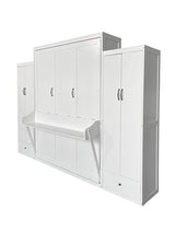 PVWIIK Queen Size Murphy Bed with 2 Wardrobe and Storage Drawer, for Adult,Girls,Boys,Solid Wood Cabinet Bed Frame/Multifunctional Hidden Wall Bed Cabinet,Space-Saving,No Box Spring Needed,White PVWIIK