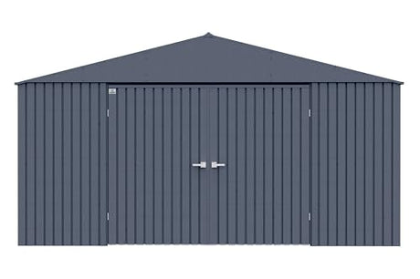 Arrow Shed Elite 14' x 12' Tall Outdoor Steel Storage Shed with High Gable and Lockable Doors Storage Building, Anthracite Arrow