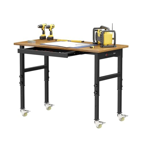 SGHATAJ 48” Adjustable Height Workbench with Drawers, Heavy-Duty Solid Wood Work Table with Lockable Wheels and Power Outlets, 3000 Lbs Capacity Workstation for Garage, Workshop, Home, Office SGHATAJ