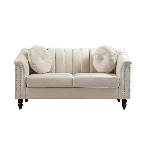 UOCFYK 60" Loveseat Sofa, Microfiber Chesterfield Upholstered Sofas Love Seat, Couch Chair Sets with Style Button Tufted, Scroll Arms and Nailhead for Living Room, Office, White UOCFYK