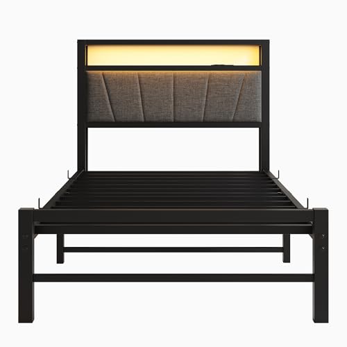 BOFENG Twin Bed Frame with Charging Station,LED Lights,Upholstered Storage Headboard,Heavy Duty Metal Platform Single Bed Frame Twin Size No Box Spring Needed,Solid and Stable,Noise Free,Grey BOFENG