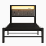 BOFENG Twin Bed Frame with Charging Station,LED Lights,Upholstered Storage Headboard,Heavy Duty Metal Platform Single Bed Frame Twin Size No Box Spring Needed,Solid and Stable,Noise Free,Grey BOFENG