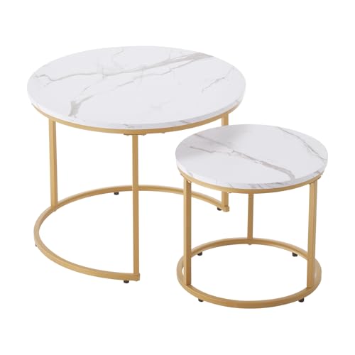 VEVOR Nesting Tables, Coffee Table Set of 2, 23.6 inch Round Coffee Table, Small Coffee Tables Night Stand with Metal Frame, for Living Room, Bedroom, Office (White & Gold) VEVOR