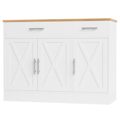 Shintenchi Modern Farmhouse Sideboard Buffet Cabinet with Storage with 3 Doors,42" Barn Doors Buffet Cabinet with Storage, Wood Coffee Bar Cabinet with Adjustable Shelf for Kitchen Living Room,White Shintenchi