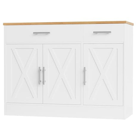 Shintenchi Modern Farmhouse Sideboard Buffet Cabinet with Storage with 3 Doors,42" Barn Doors Buffet Cabinet with Storage, Wood Coffee Bar Cabinet with Adjustable Shelf for Kitchen Living Room,White Shintenchi