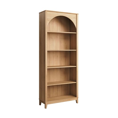 Prepac Ark 78" Tall 5-Tier Arched Bookcase in Natural Oak Veneer, Modern Storage Accent Bookshelf with 3 Adjustable Shelves for Home, Office, Living Room, Bedroom 78”H x 32”W x 13”D Prepac