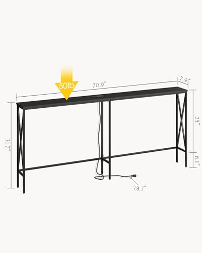 Masupu 70.9" Console Table with Power Outlet, Modern Narrow Long Sofa Table Behind Couch, Skinny Entry Table, Industrial Sofa Table with Metal Frame for Hallway, Living Room, Classic Black Masupu