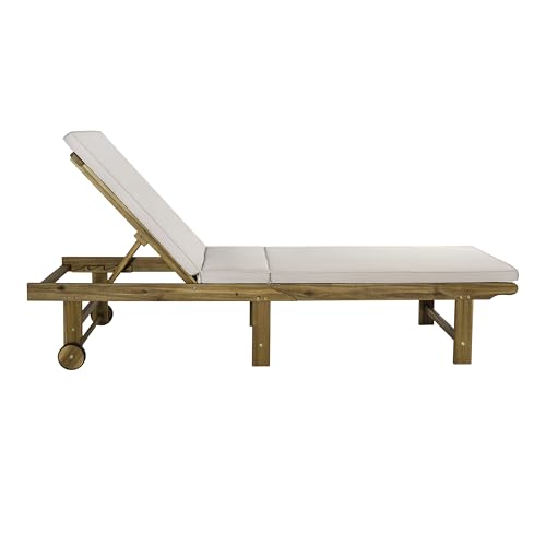 JONATHAN Y LNG1102A Mallorca 77.17"x23.62" Modern Classic Foldable Adjustable Wood Chaise Outdoor Lounge Chair with Cushion & Wheels, for Pool, Deck, Poolside, Beige/Natural