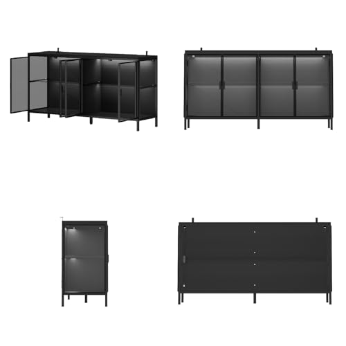 FUNISIR Buffet Cabinet with Storage & LED Light, 55.1" Large Kitchen Sideboard with 4 Glass Doors, Modern Coffee Bar with Metal Frame, Console Table for Living Room, Dining Room, Black FUNISIR
