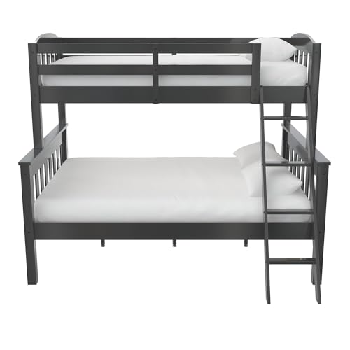 DHP Airlie Convertible Wood Bunk Bed Twin Over Full Size, Stackable and Detachable Bed Frames for Kids, Teens, Angled Ladder, High Guardrail, Wood Slats, No Boxspring Required, Grey DHP