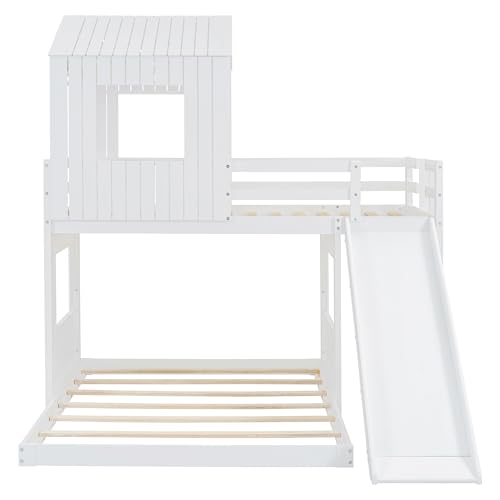 Harper & Bright Designs House Floor Bunk Beds with Slide, Wooden Twin Over Full Bunk Beds with Slide, Roof and Guard Rail for Kids, Teens, No Box Spring Needed (White, Twin Over Full Size) Harper & Bright Designs